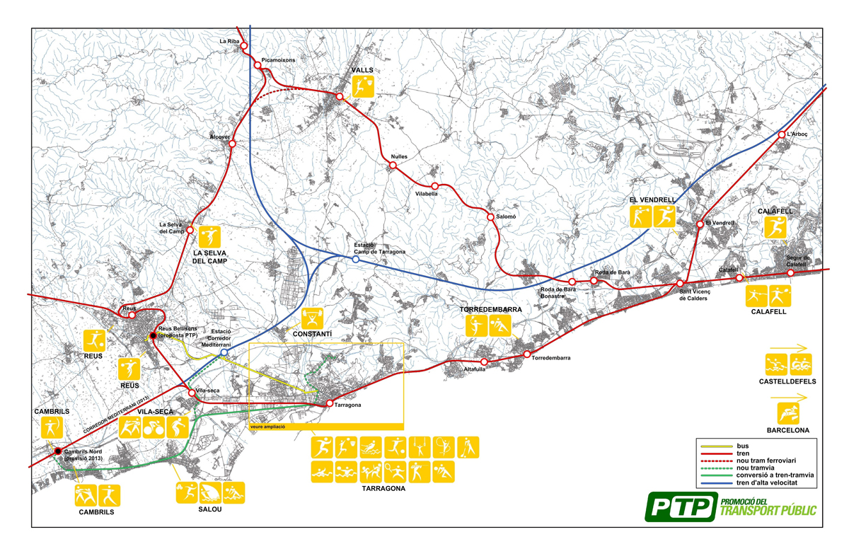 Eixos principals de transport públic proposats. Àrea central del Camp de Tarragona
