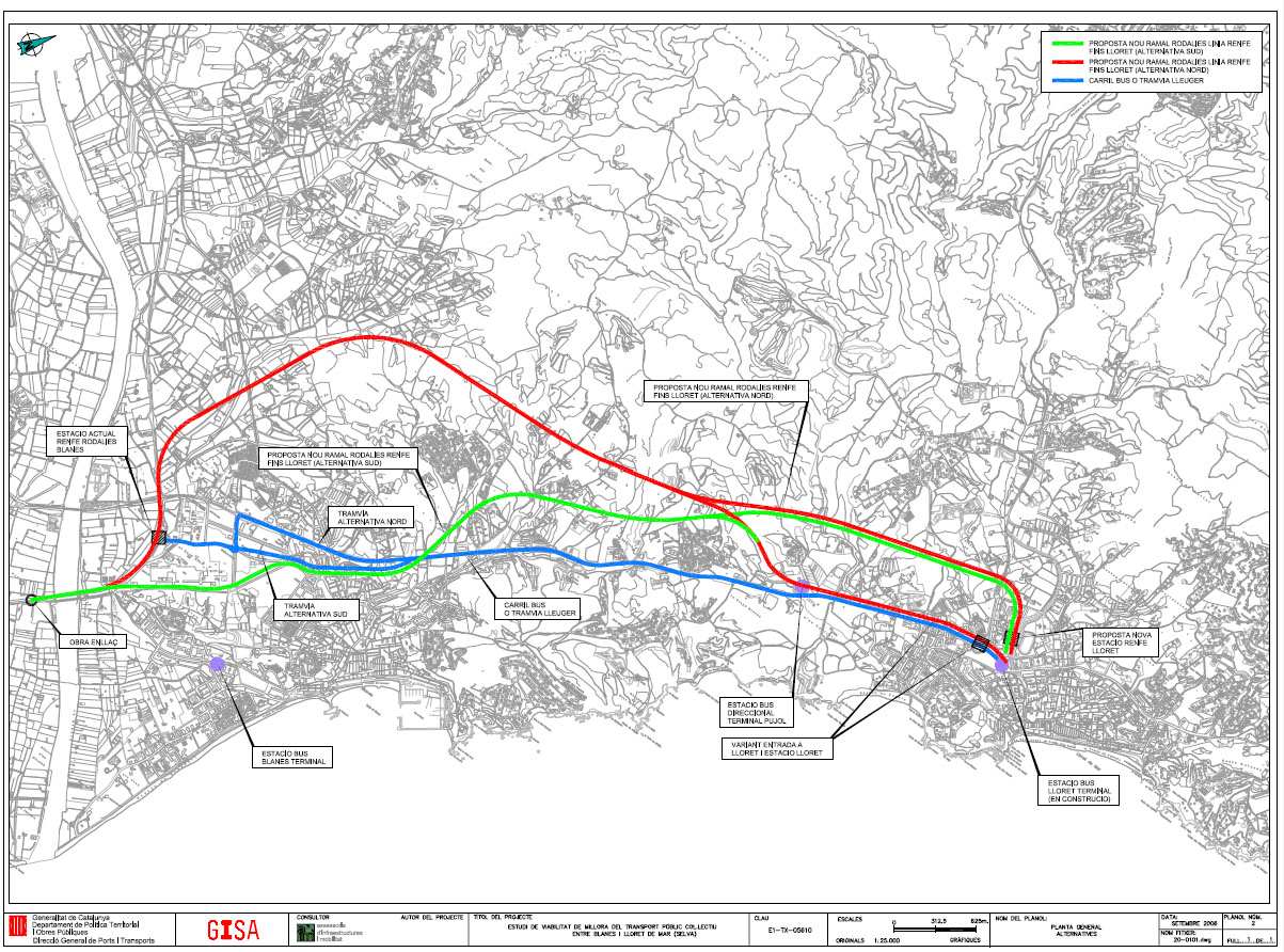 Alternatives ferroviàries (vermell i verd). Ampliació carretera amb carril bus (blau). Font: GISA.