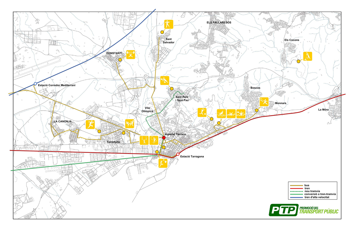 Eixos principals de transport públic proposats. Ciutat de Tarragona