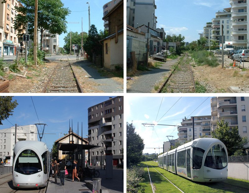 Abans i després de la transformació dels Chemins de Fer de l'Est Lyonnaise en línia T3 del tramvia. Lyon, Dauphiné-Lacassagne. Font: PTP i Lignes-oubliees.com   