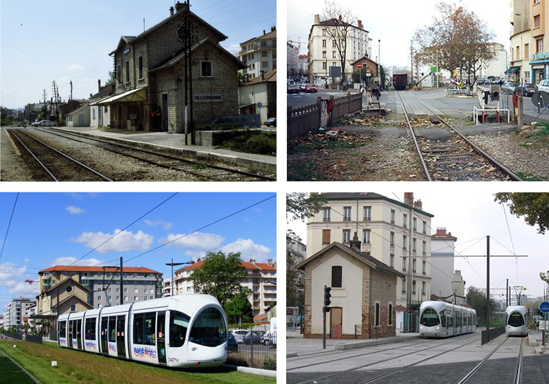 Abans i després de la transformació dels Chemins de Fer de l'Est Lyonnaise en línia T3 del tramvia. Esquerra: Villeurbaine. Dreta: Lyon - Dauphiné-Lacassagne. Font: diversos